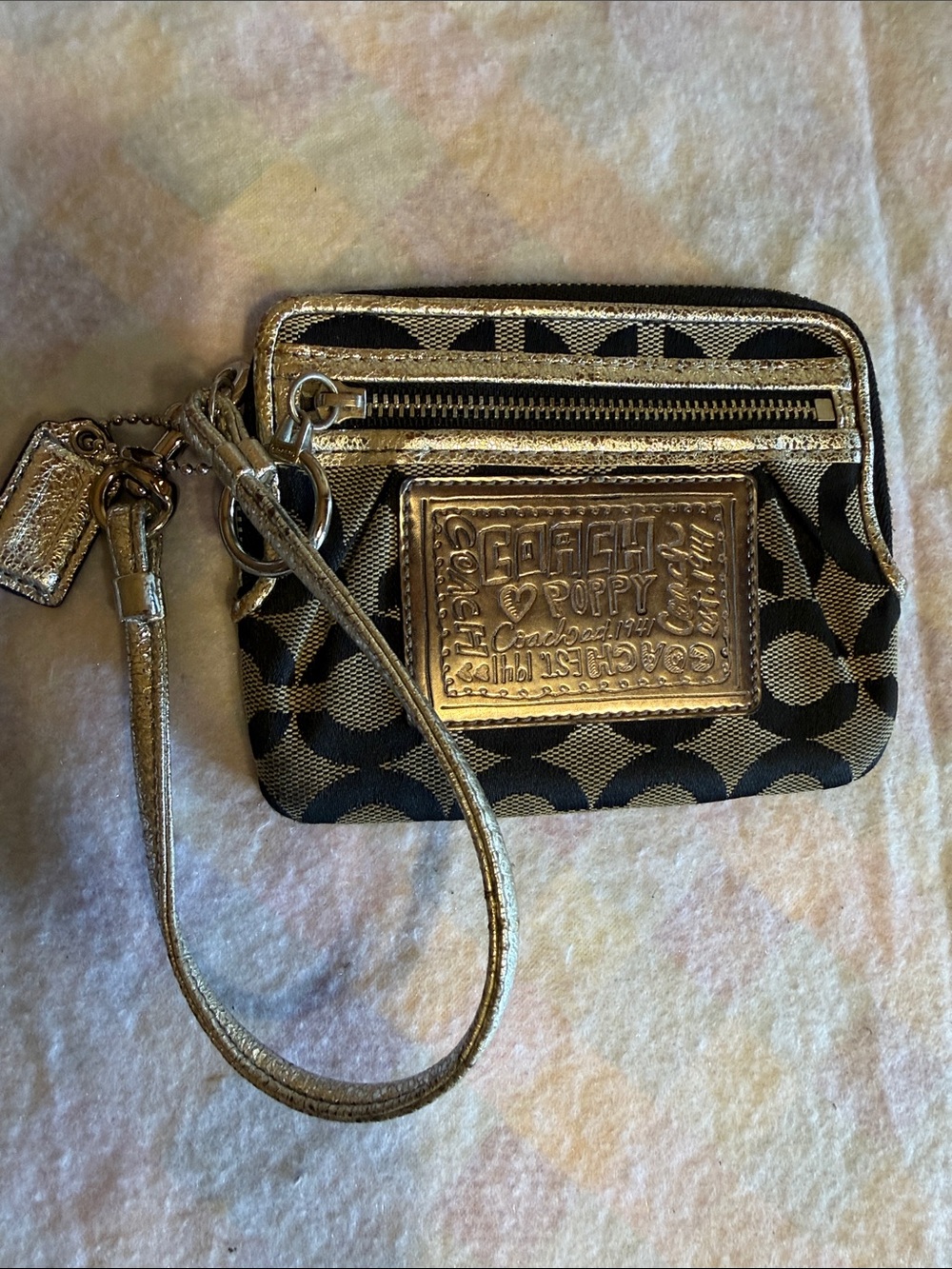 Coach Black Signature Wristlet with Metallic Gold Trim